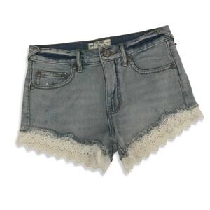 Free People Lace Cut-Off Light Wash Denim Crochet Lace Shorts 24